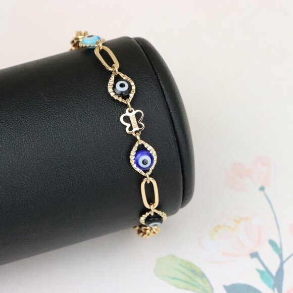 "Evil Eye Charm Rose Gold Bracelet with Butterfly Accent, XPBL1029 - Picture 7 of 12